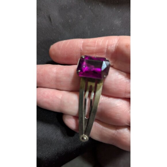 vintage Metal Hair Clip With Large Purple Gemstone Accent Estate Retro - Picture 2 of 5